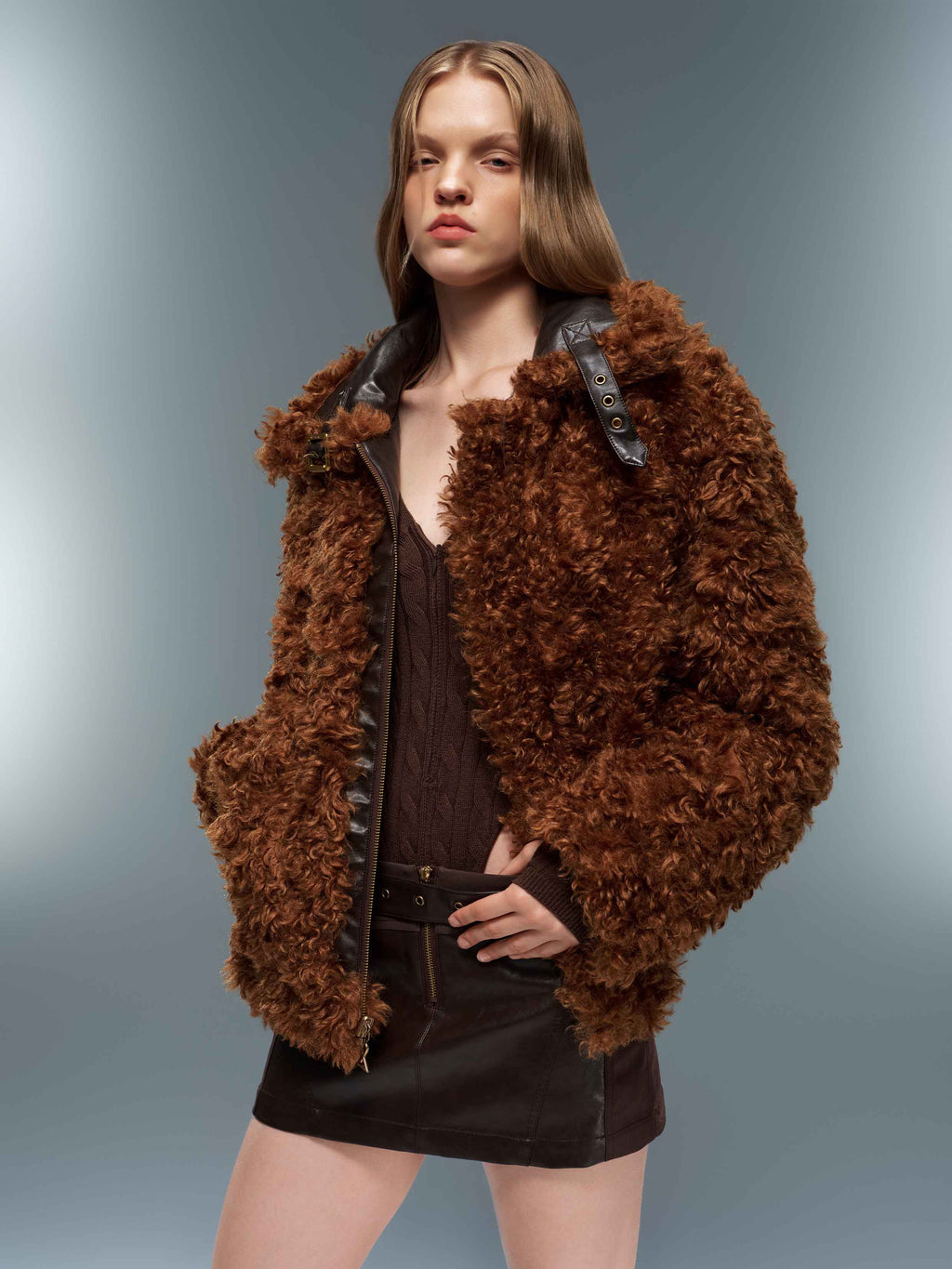 Faux Shearling Belted Biker Jacket Espresso Brown
