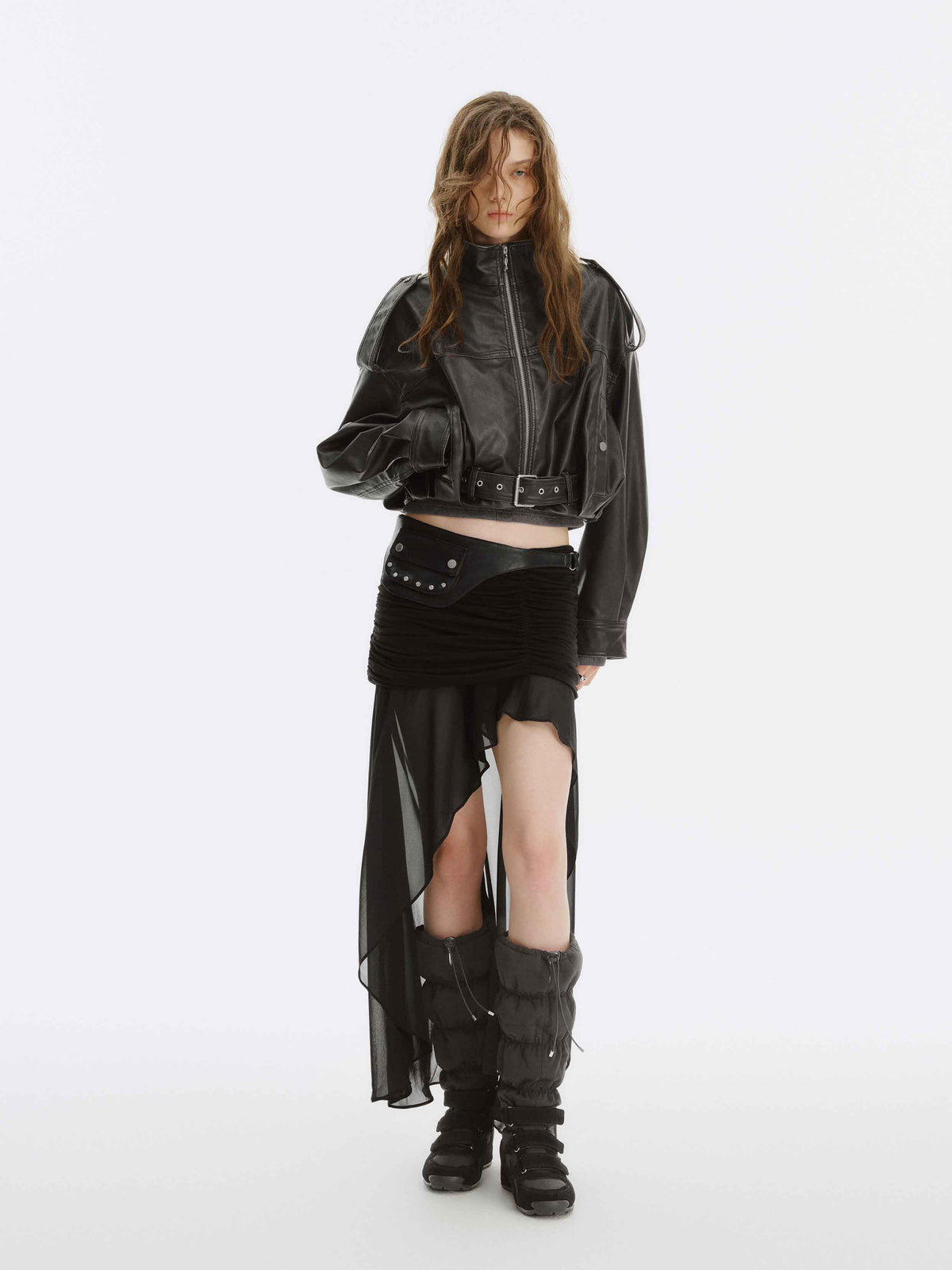 Ruched Asymmetric Chiffon Maxi Skirt Black