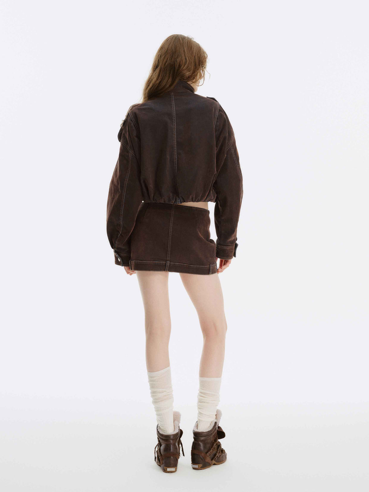 Washed Belted Cropped Moto Jacket Reddish Brown