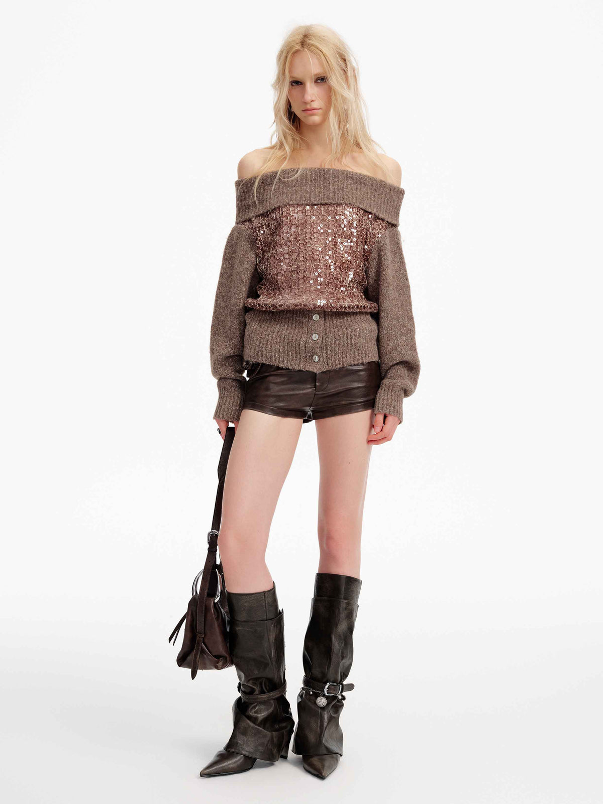 Off-Shoulder Sequin Knit Sweater Taupe Brown