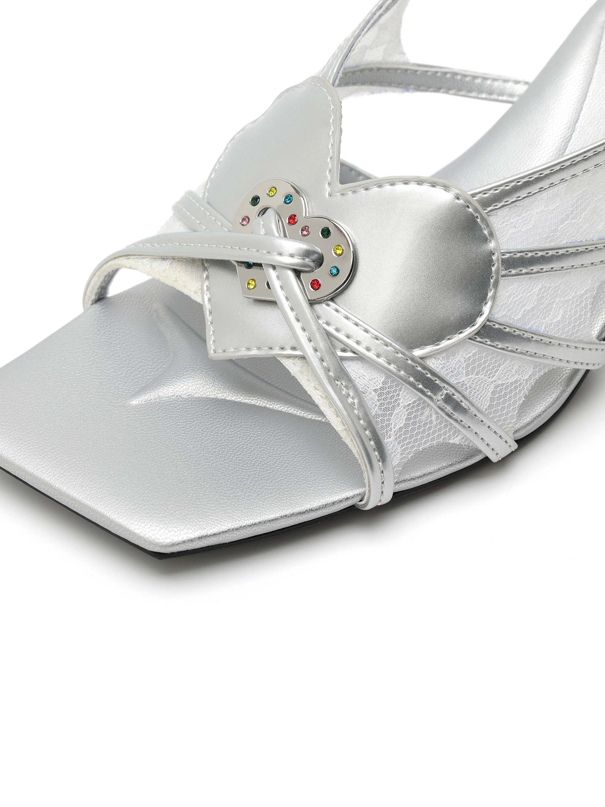 PHILOTES Lace Heart Opener Heel Sandals Silver