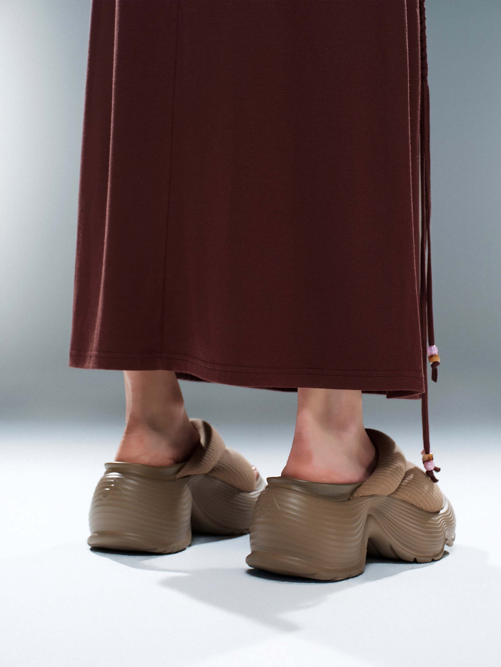 OREA Quilted Padded Platform Slides Khaki Brown
