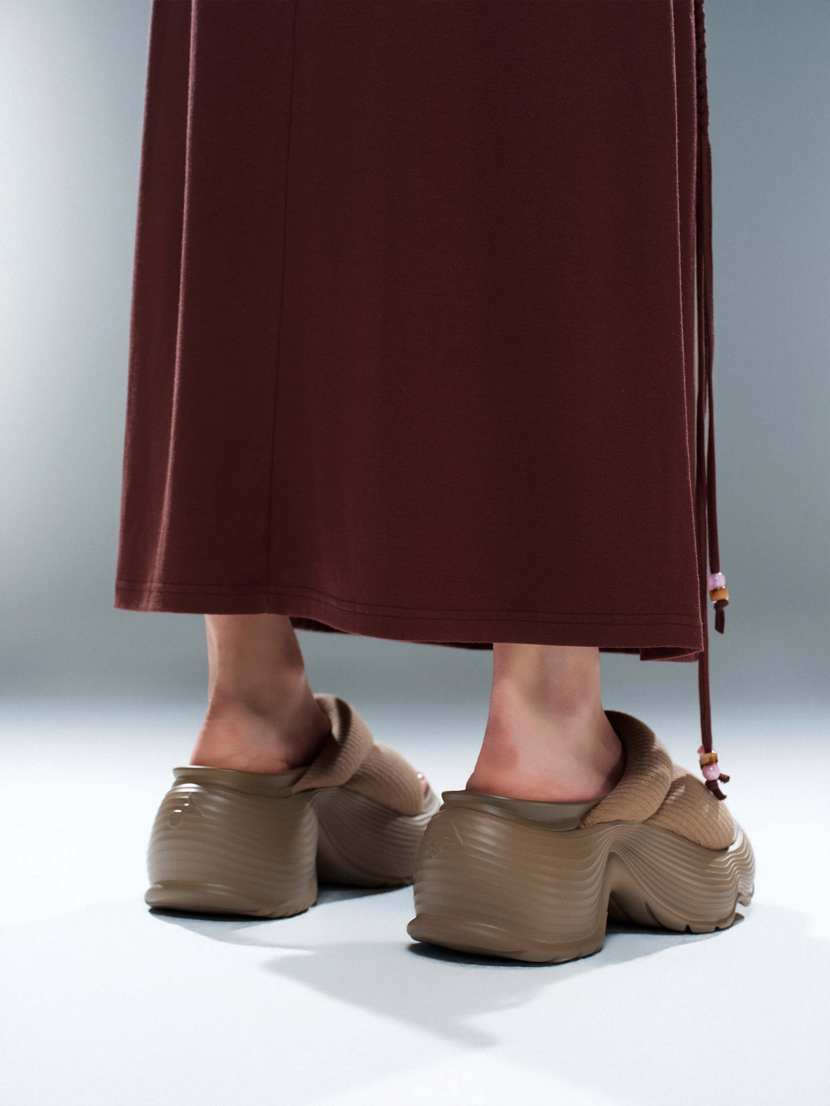 OREA Quilted Padded Platform Slides Khaki Brown