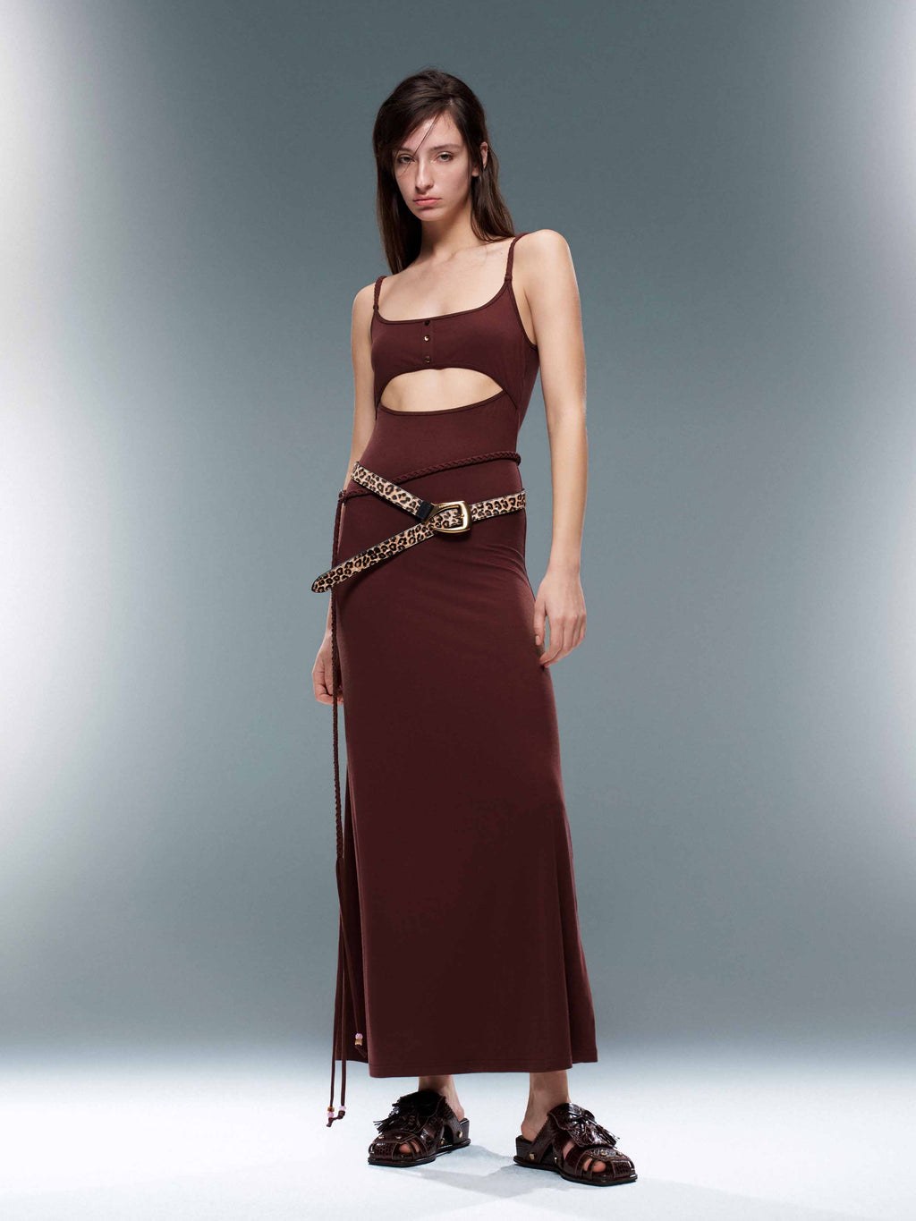 Cutout Belted Maxi Dress Mahogany Brown