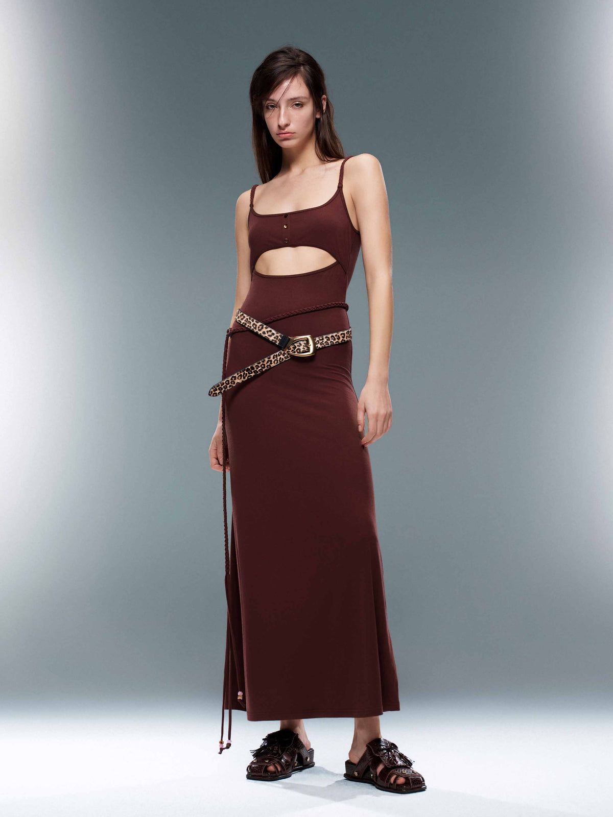 Cutout Belted Maxi Dress Mahogany Brown