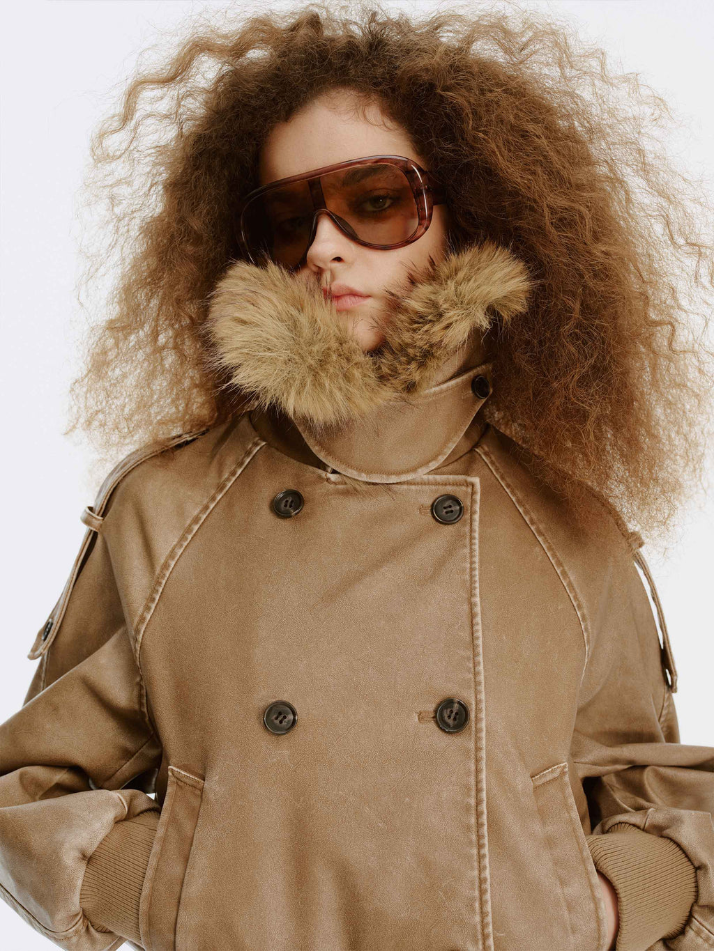 Detachable Fur-Collar Washed Moto Jacket Khaki Brown