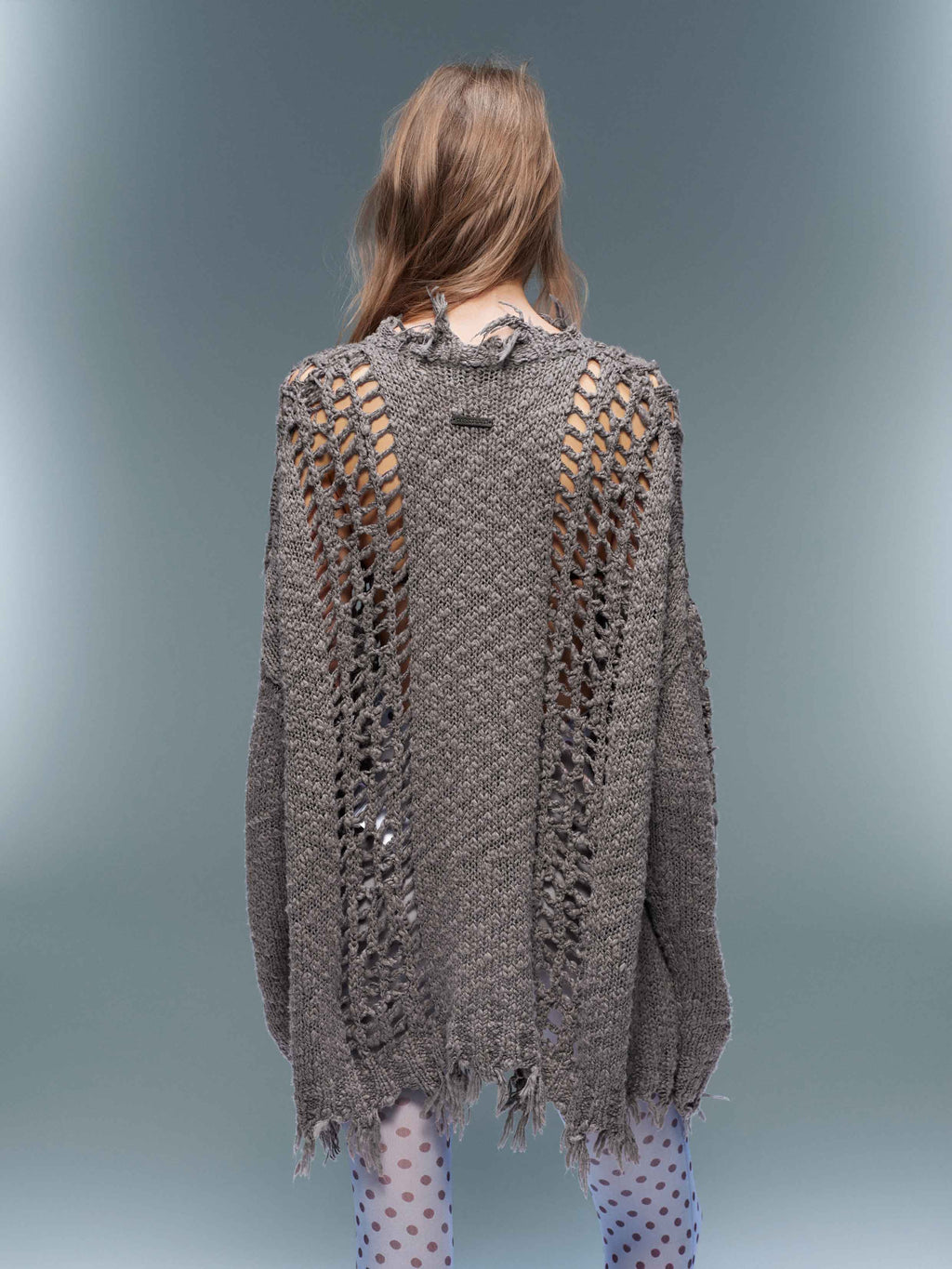 Distressed Open-Knit Oversized Cardigan Charcoal Gray
