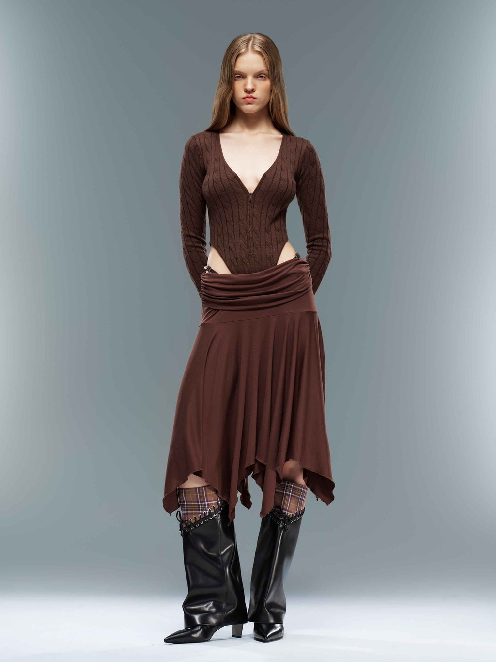 Ruched Asymmetric Midi Skirt Espresso Brown