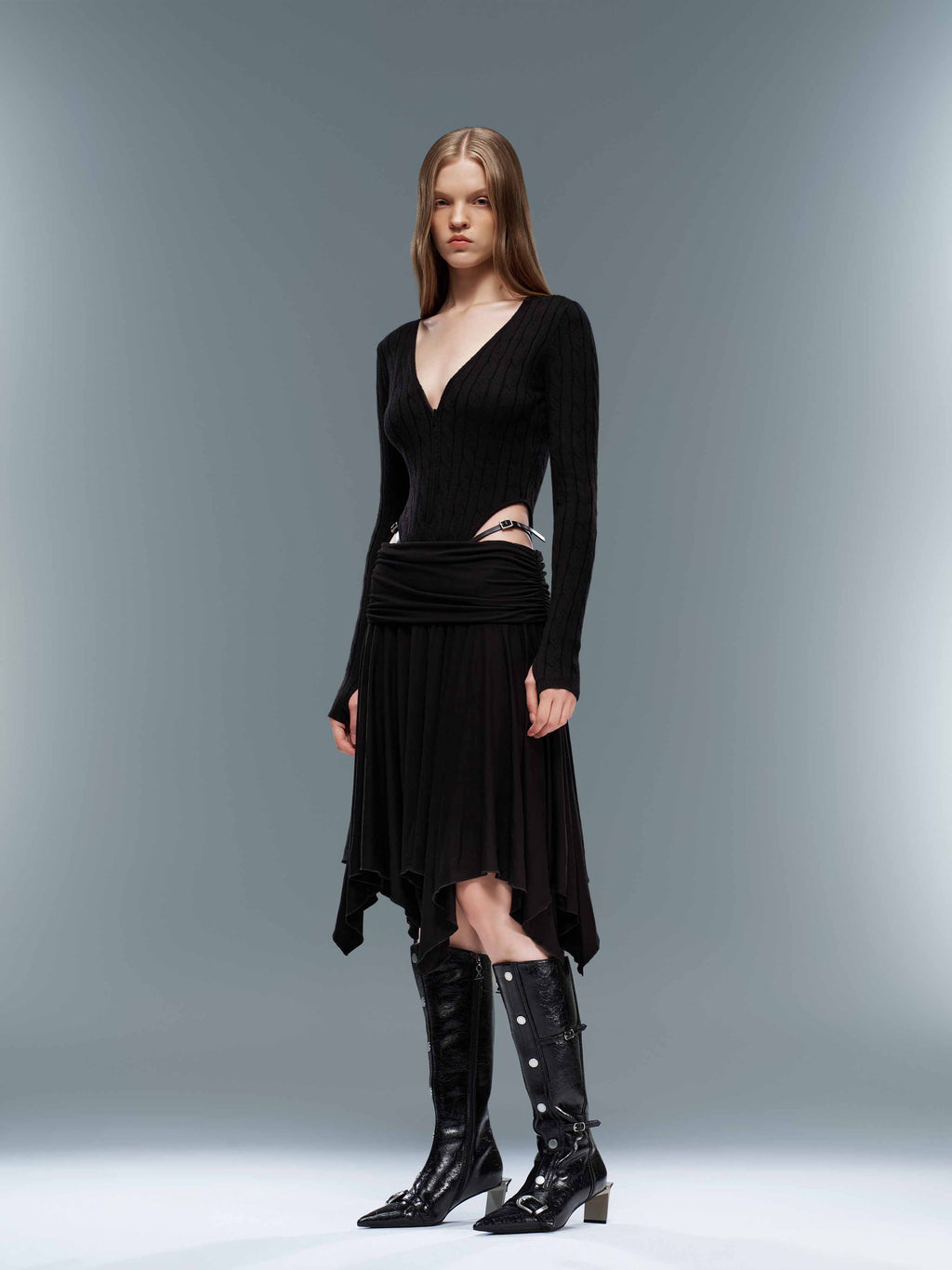 Cable Knit Zip-Up Bodysuit Black