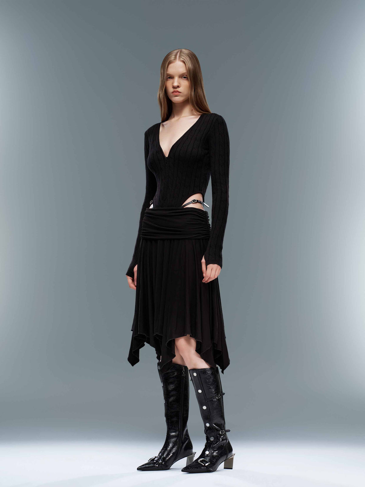Cable Knit Zip-Up Bodysuit Black