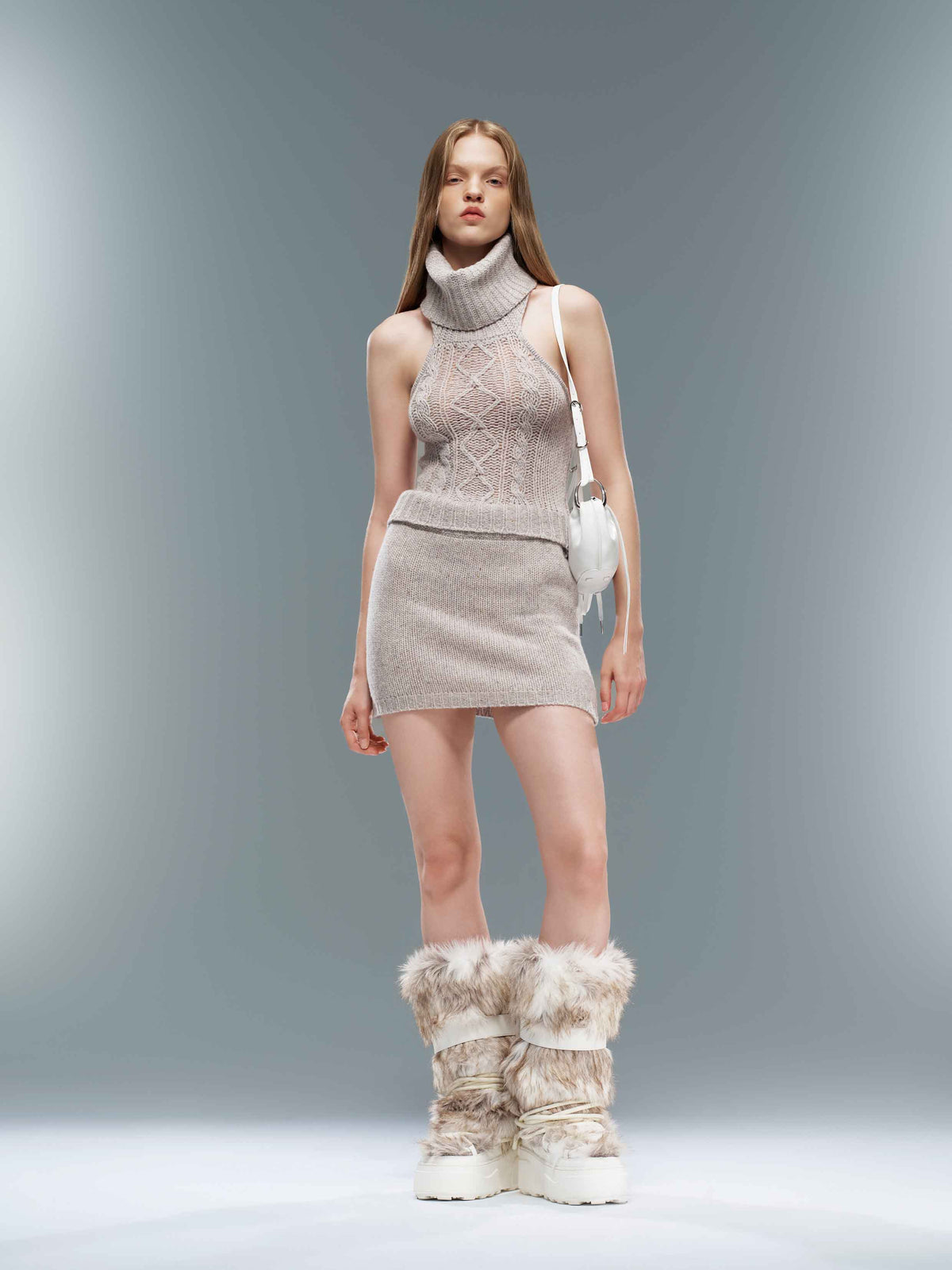 Speckled Knit Mini Skirt Light Gray