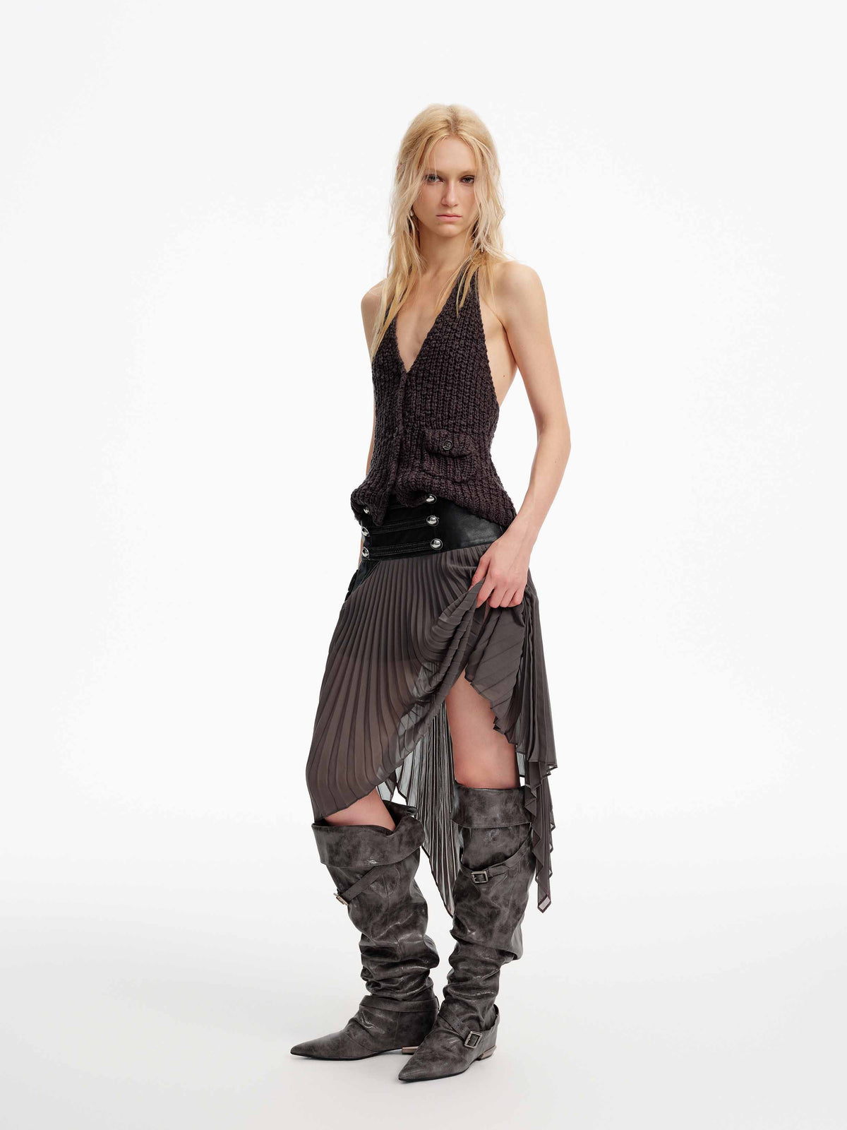 PEITHO Pointed-Toe Wedge OTK Boots Gray