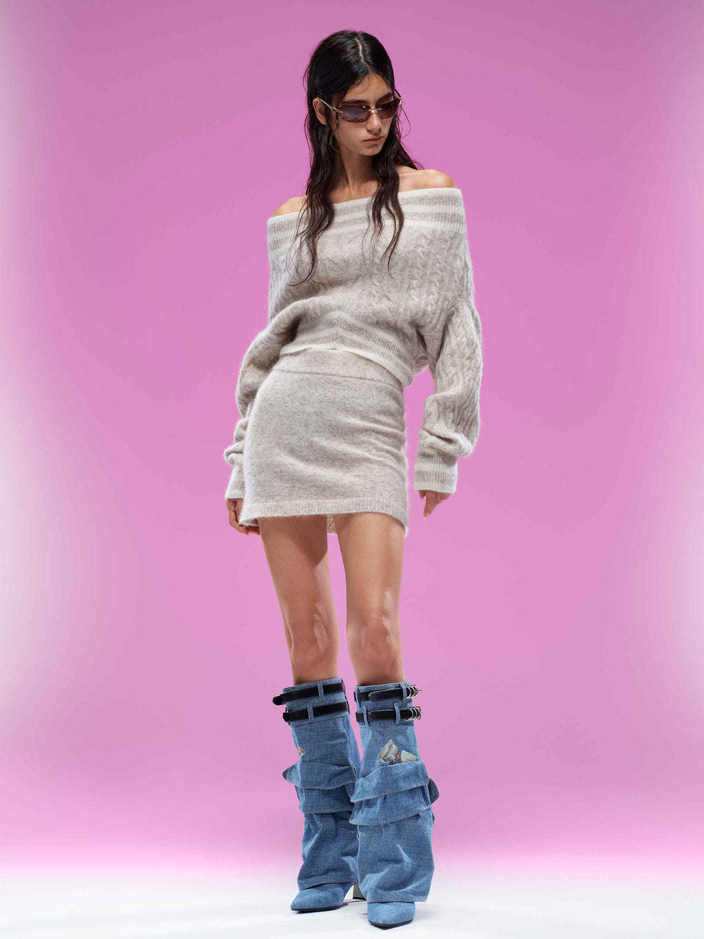 Convertible Off-Shoulder Cable Knit Sweater Oatmeal Cream