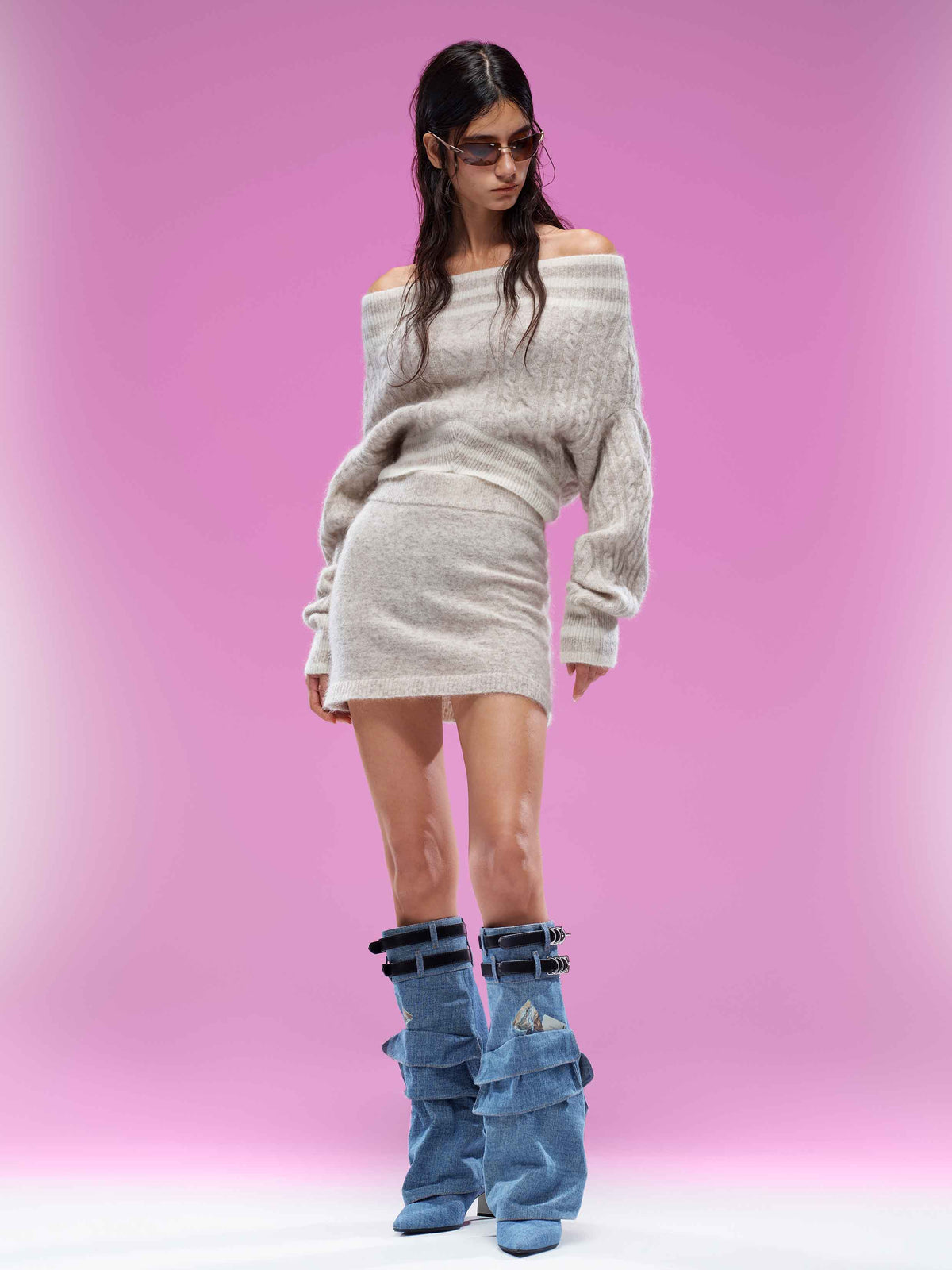 Convertible Off-Shoulder Cable Knit Sweater Oatmeal Cream