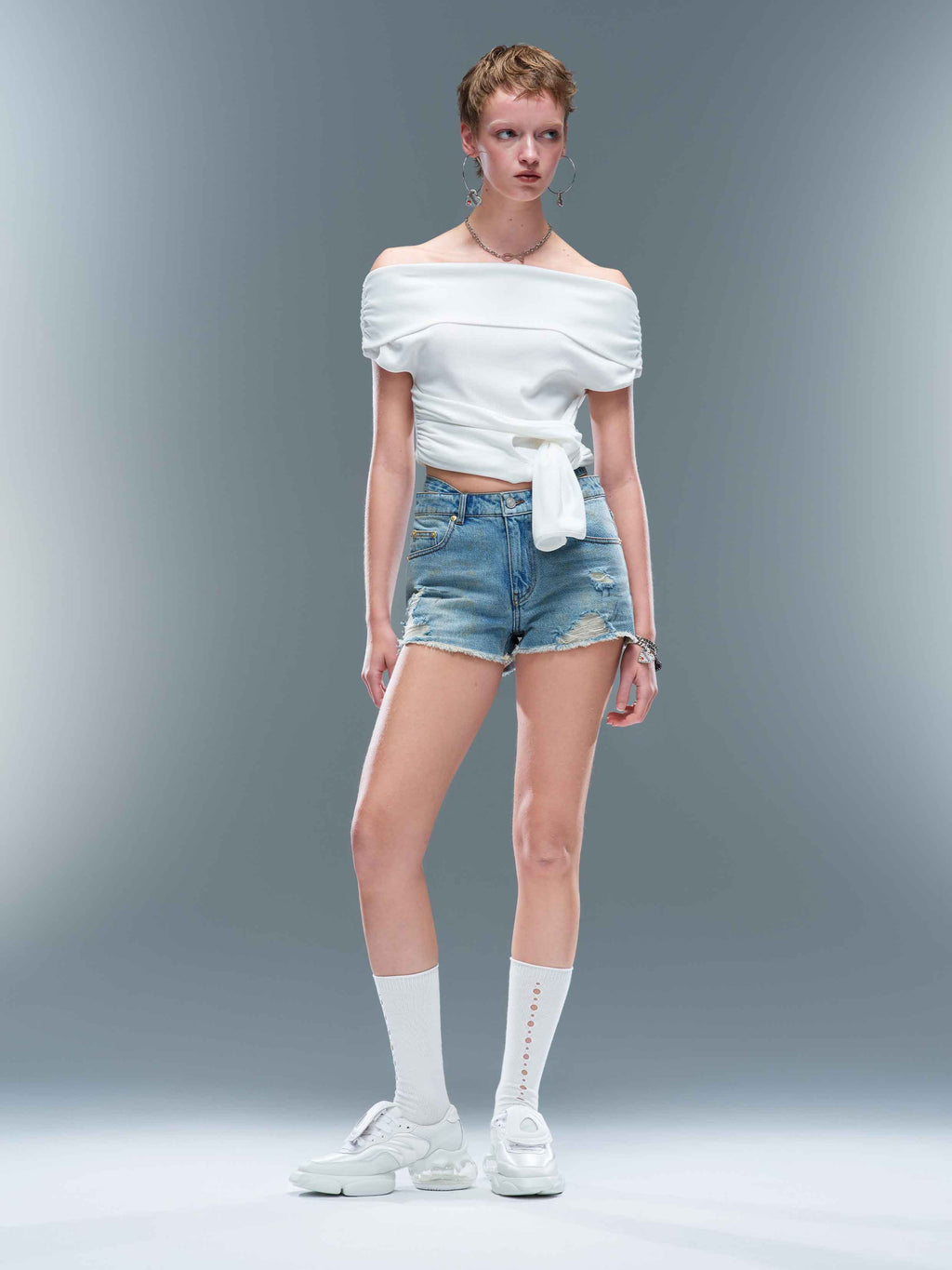Double-Waist Distressed Denim Shorts