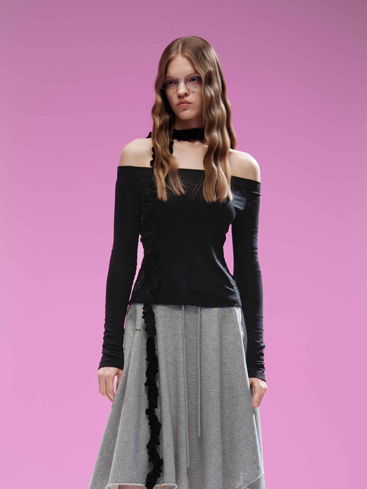 Lace Panel Off-Shoulder Top with Ruffle Scarf Black