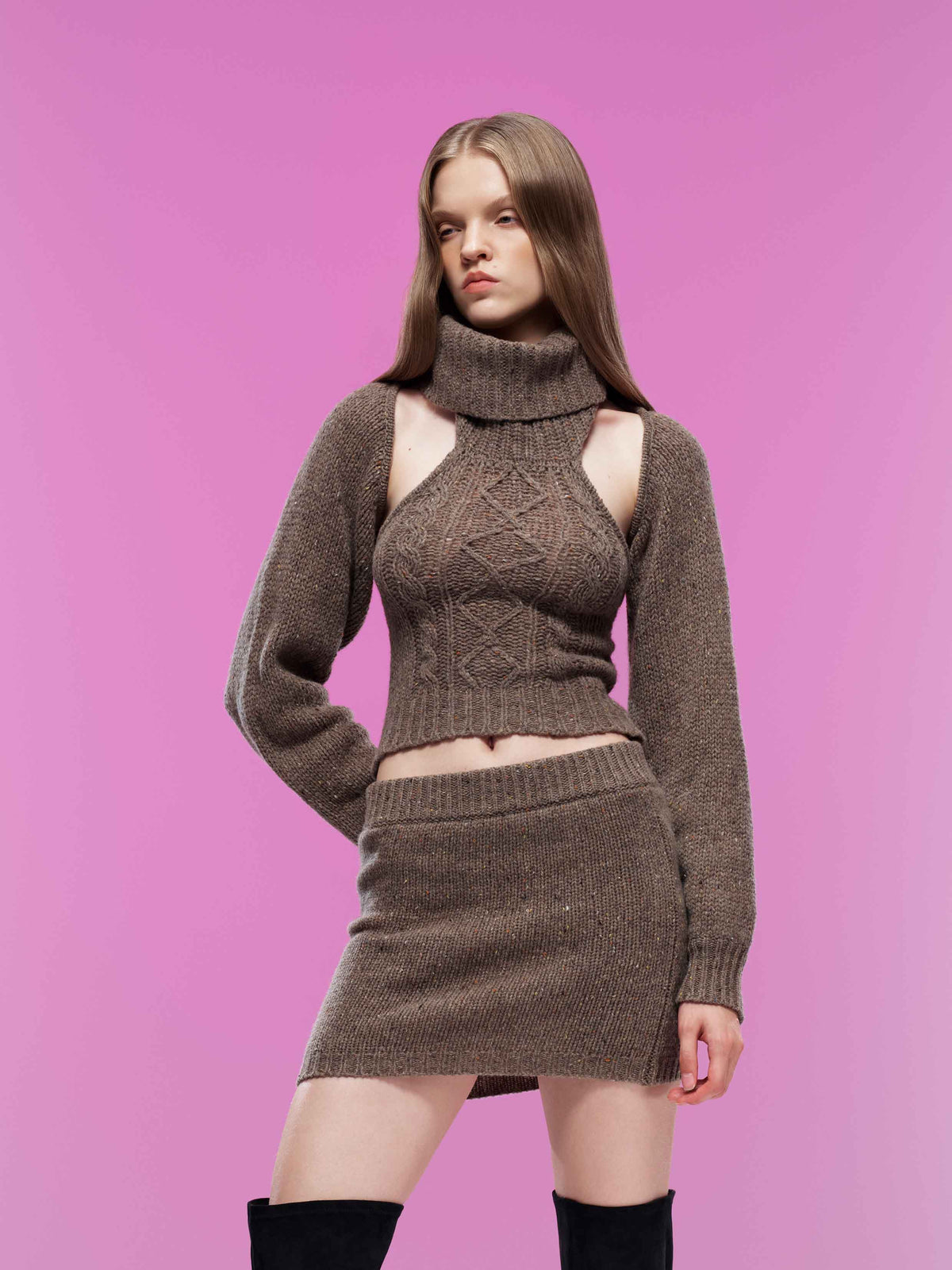 Speckled Knit Mini Skirt Taupe Brown