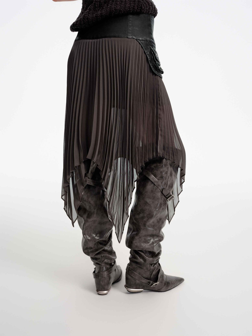 Pleated Leather-Waist Midi Skirt