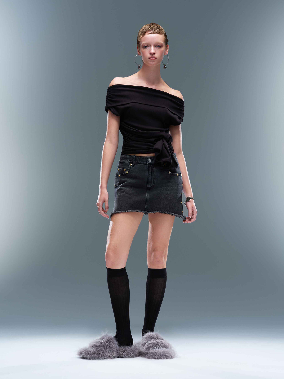 Studded Denim Mini Skirt Black Wash