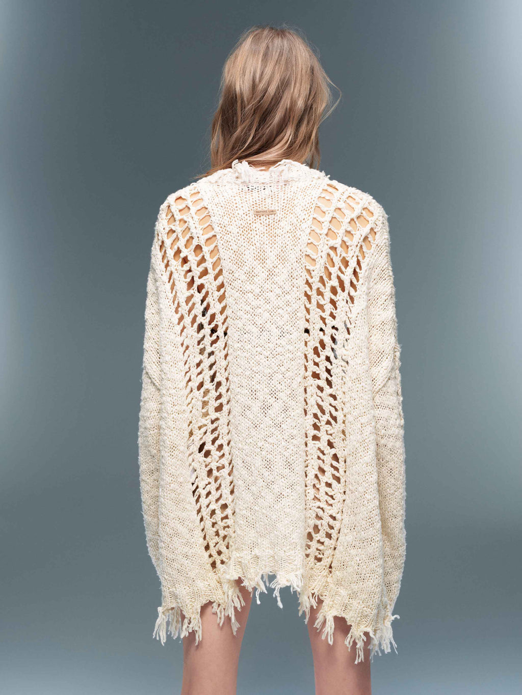 Distressed Open-Knit Oversized Cardigan Ivory White