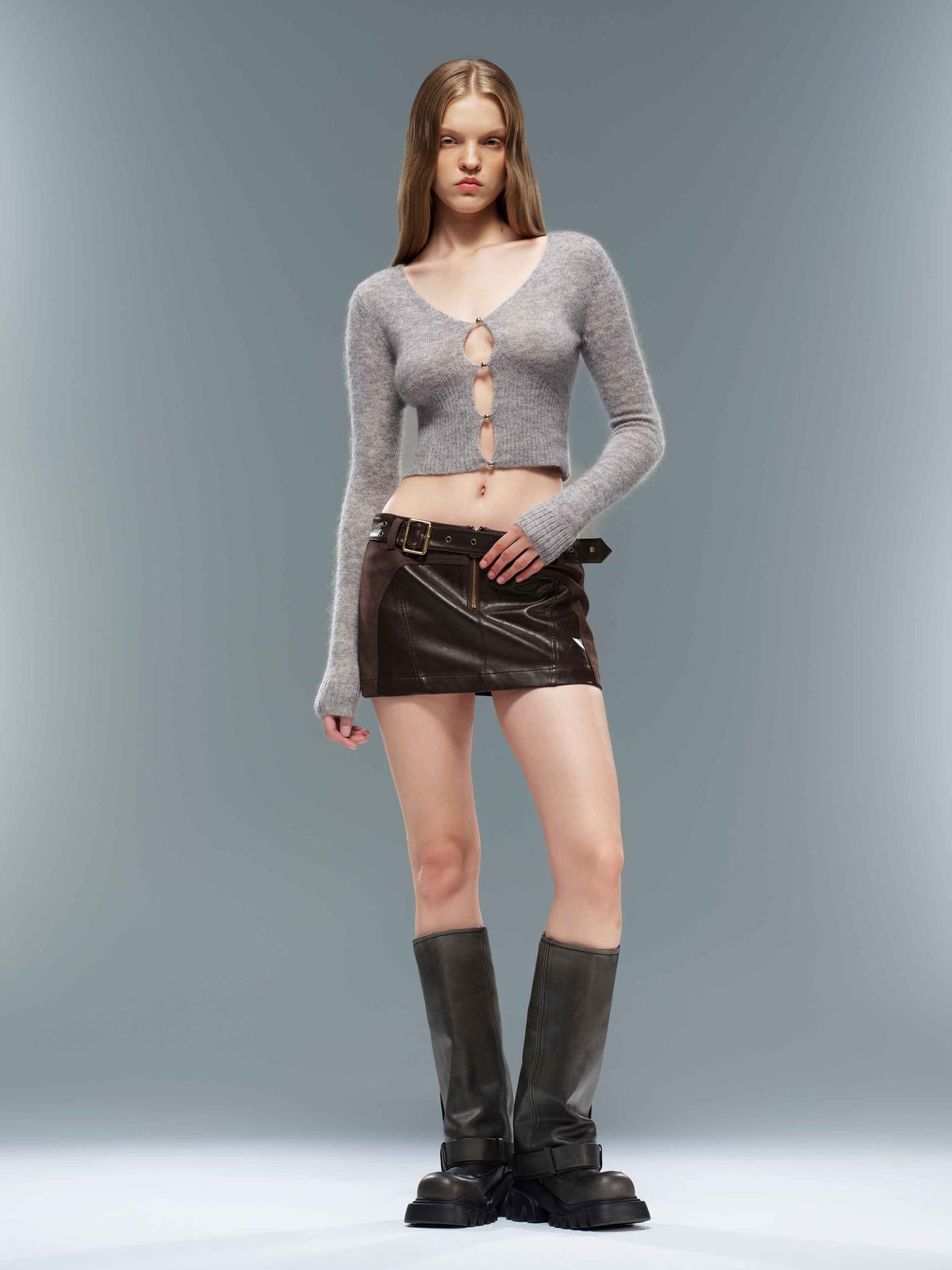 Mohair Cutout V-Neck Knit Cardigan Gray