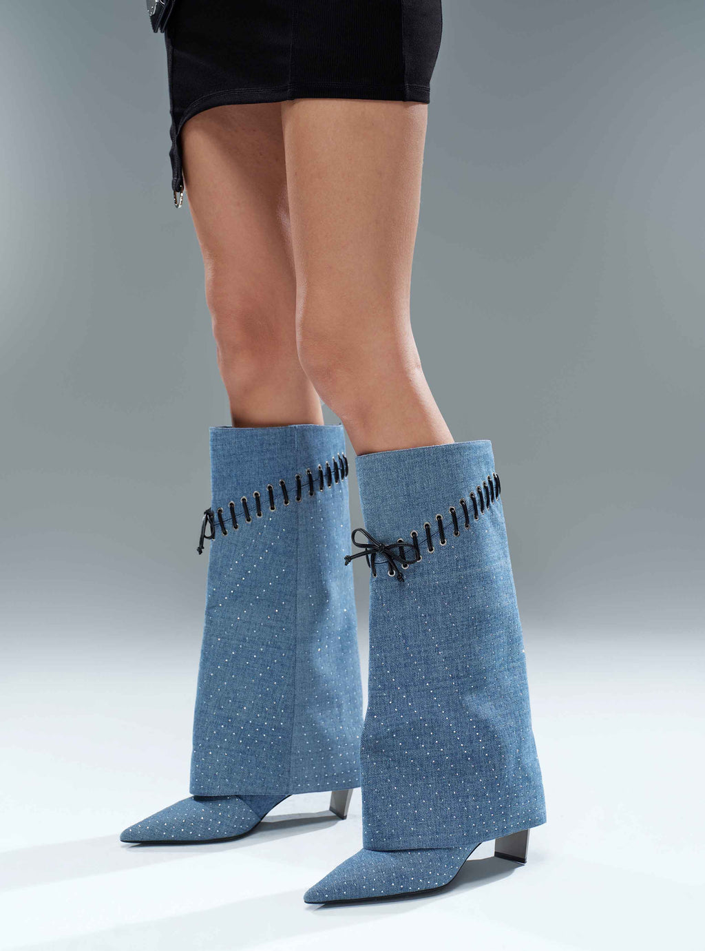 AGLAIA Crystal Denim Knee-High Boots Light Blue