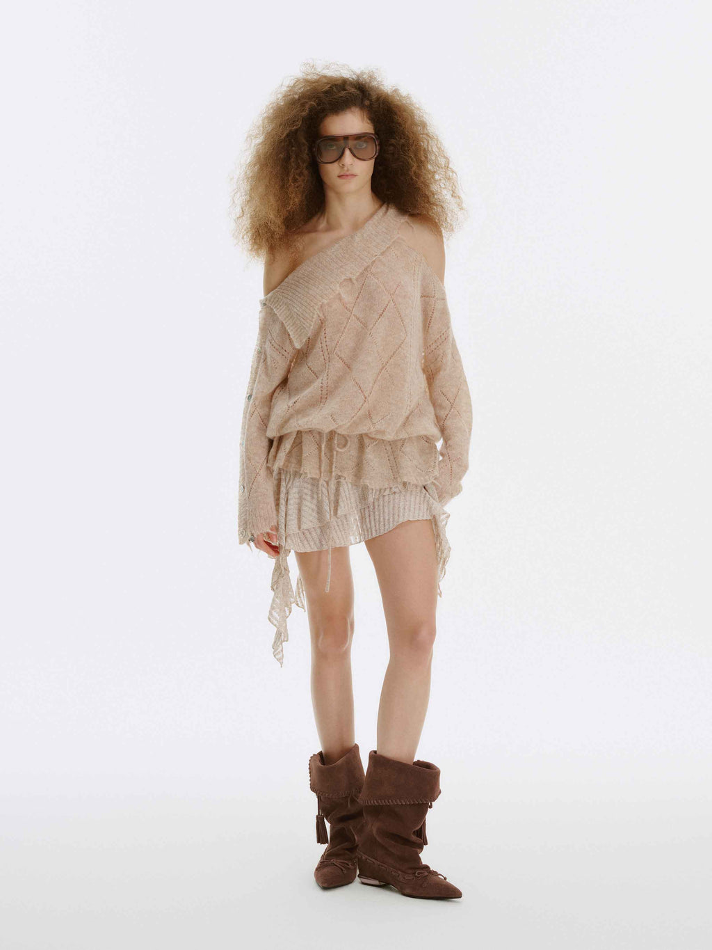 Asymmetric Off-Shoulder Mohair Knit Sweater Oat Beige