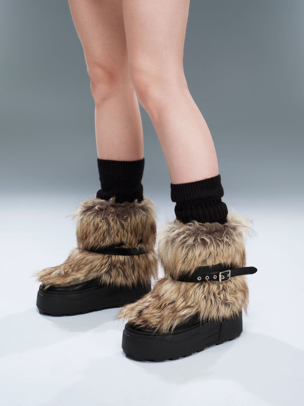 KHIONE Fur Platform Ankle Boots Brown
