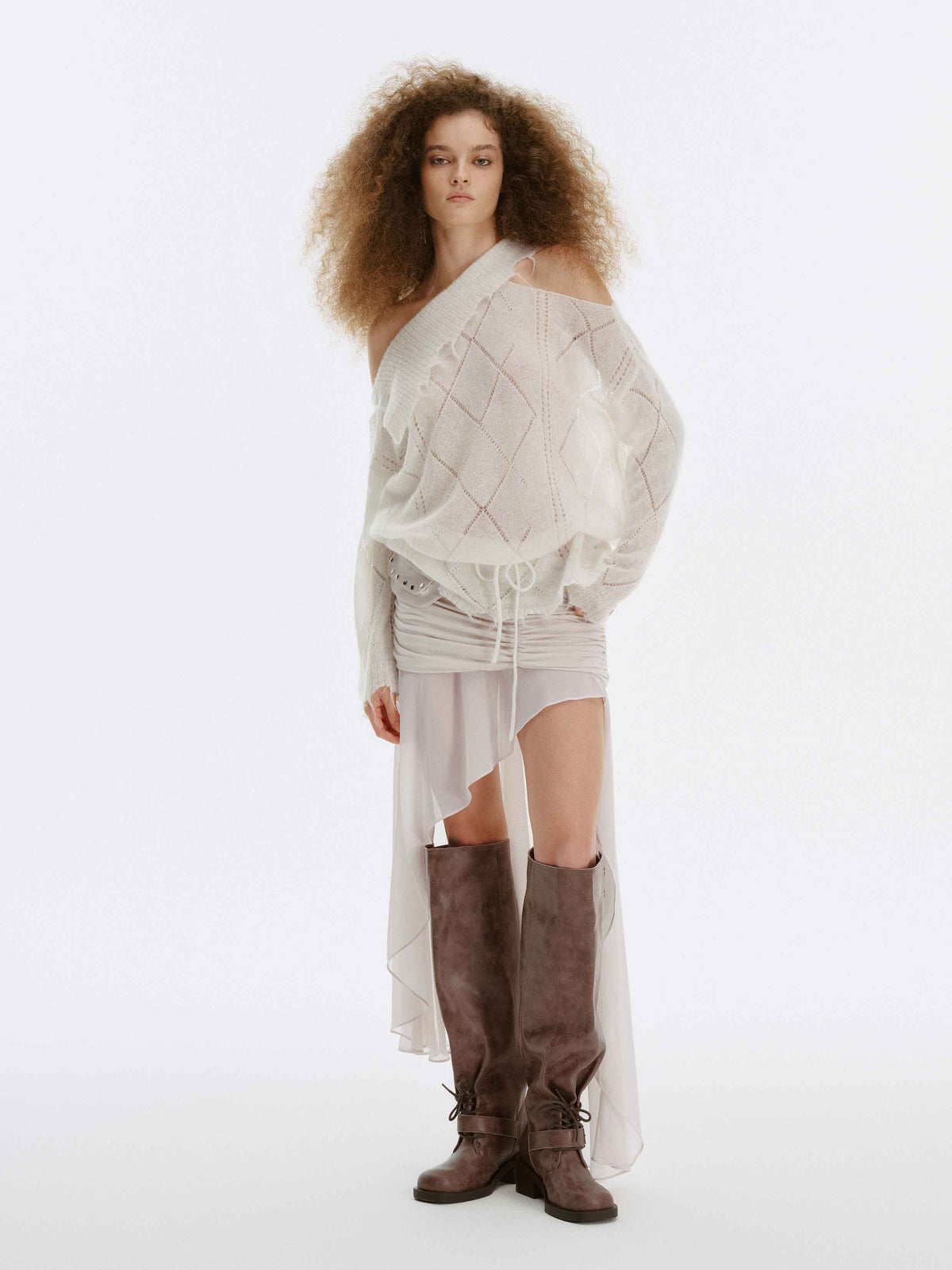 Asymmetric Off-Shoulder Mohair Knit Sweater Ivory White