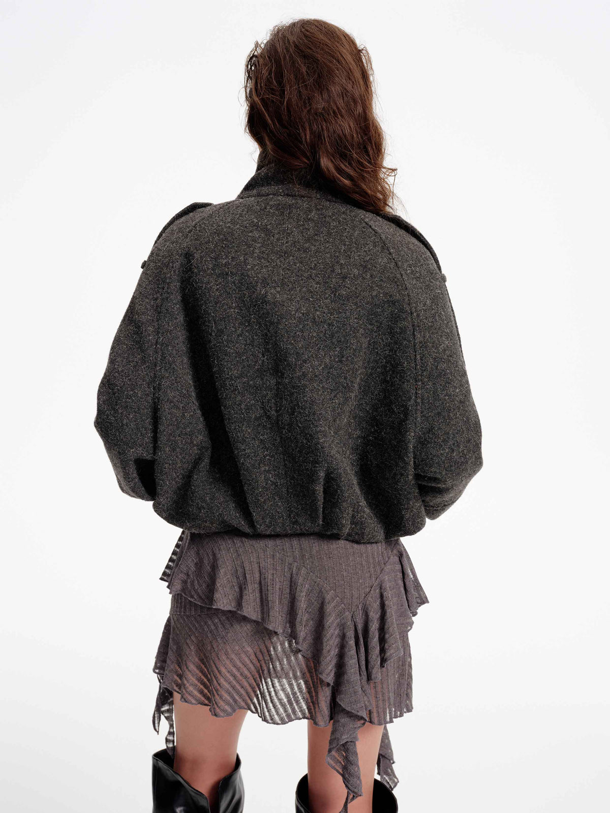 High-Neck Military Cropped Jacket Charcoal Gray