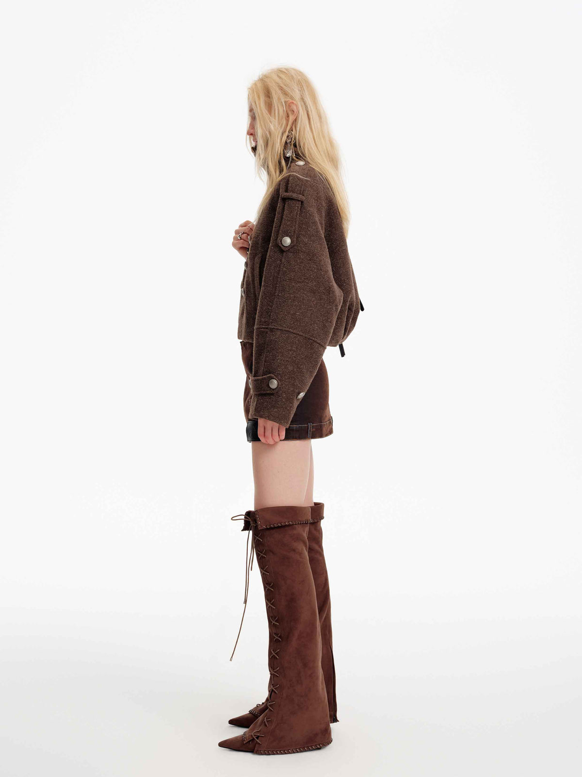 High-Neck Military Cropped Jacket Chocolate Brown