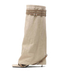 IDA Denim Toe-Ring Knee-High Boots Light Khaki