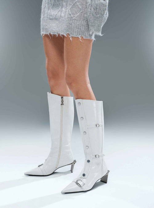 ALECTO Button-Trim Opener-Heel Knee-High Boots Ivory White