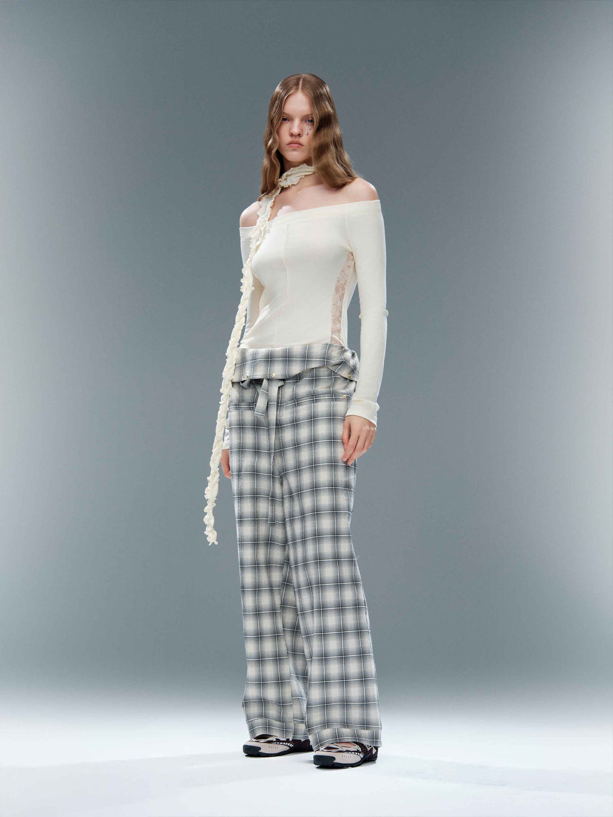Foldover Plaid Wide-Leg Pants