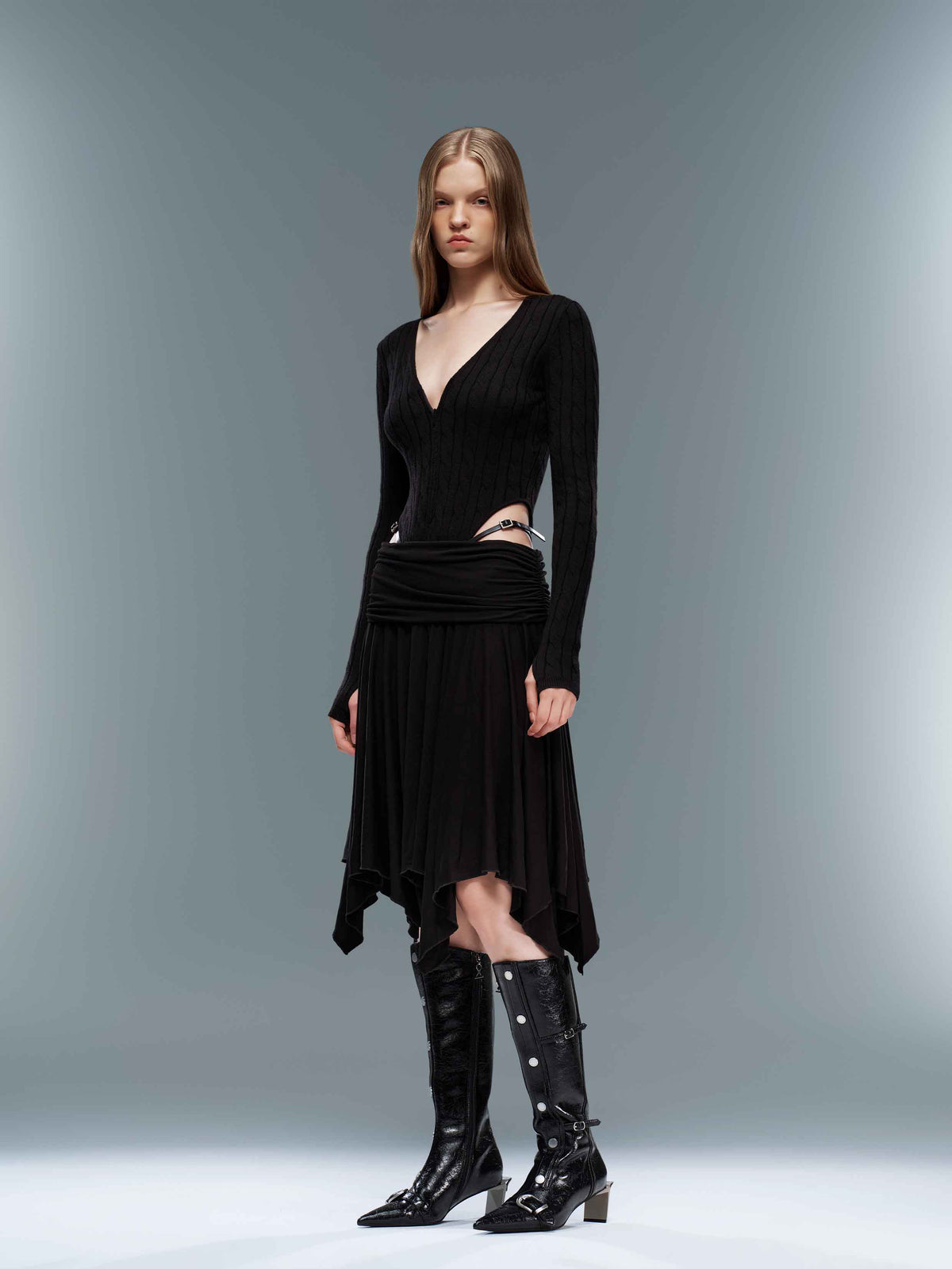 Ruched Asymmetric Midi Skirt Black