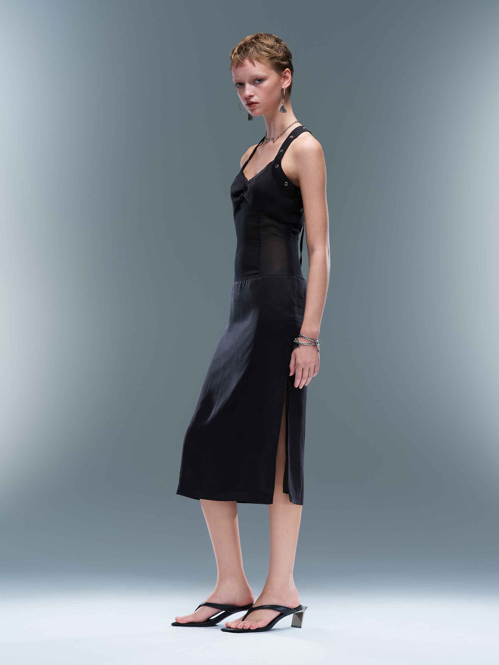 Studded Lace-Up Mesh Midi Dress Black