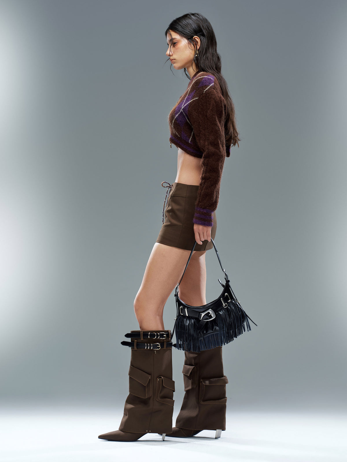 ADRASTEIA Denim Cargo Knee-High Boots Brown