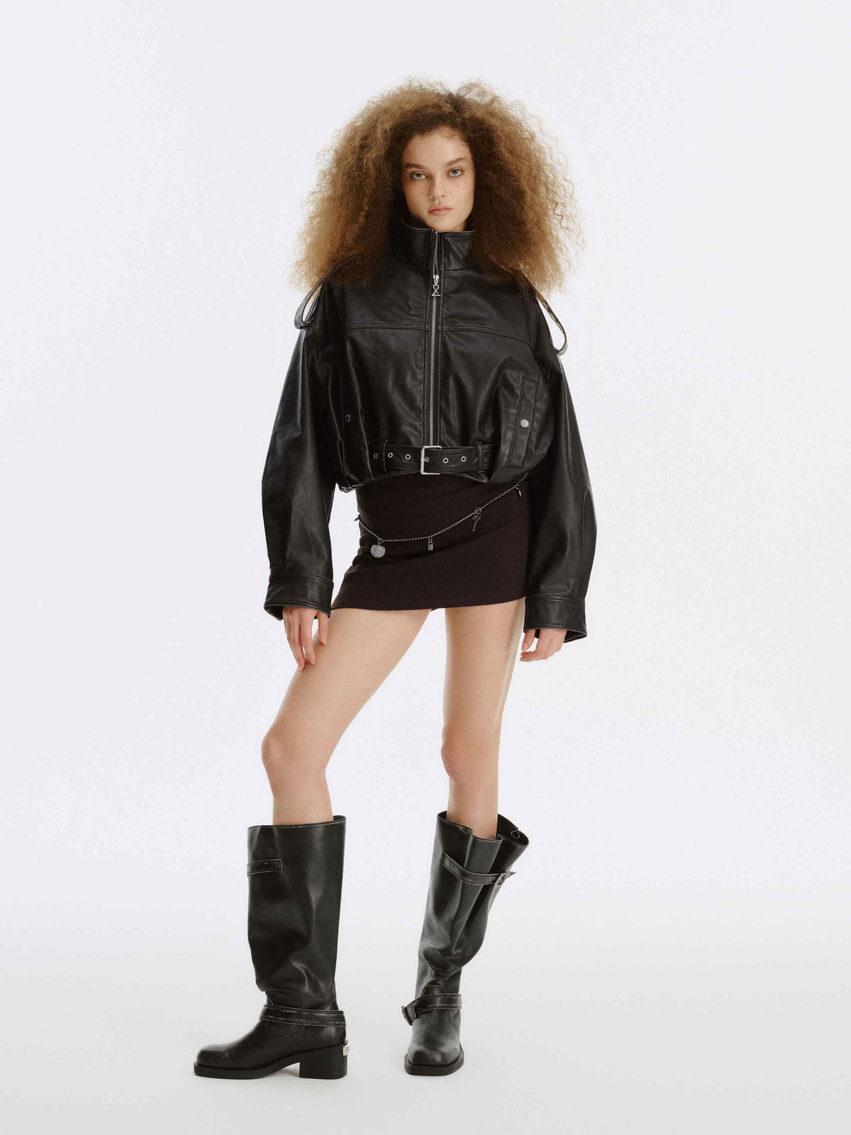Washed Belted Cropped Moto Jacket Black