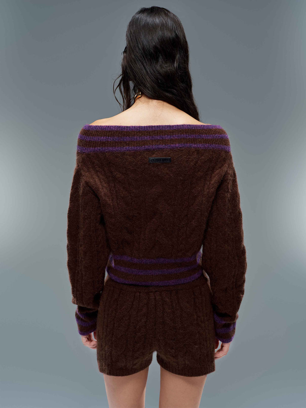 Convertible Off-Shoulder Cable Knit Sweater Espresso Purple