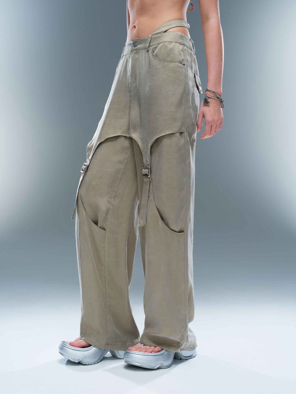 Cutout Buckle Straight-Leg Pants Sage Beige