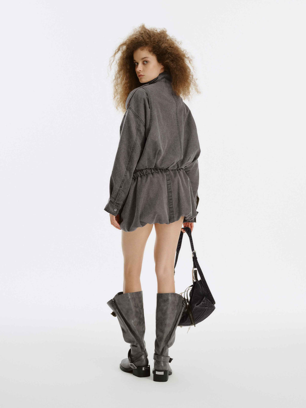Washed Belted Cropped Moto Jacket Gray