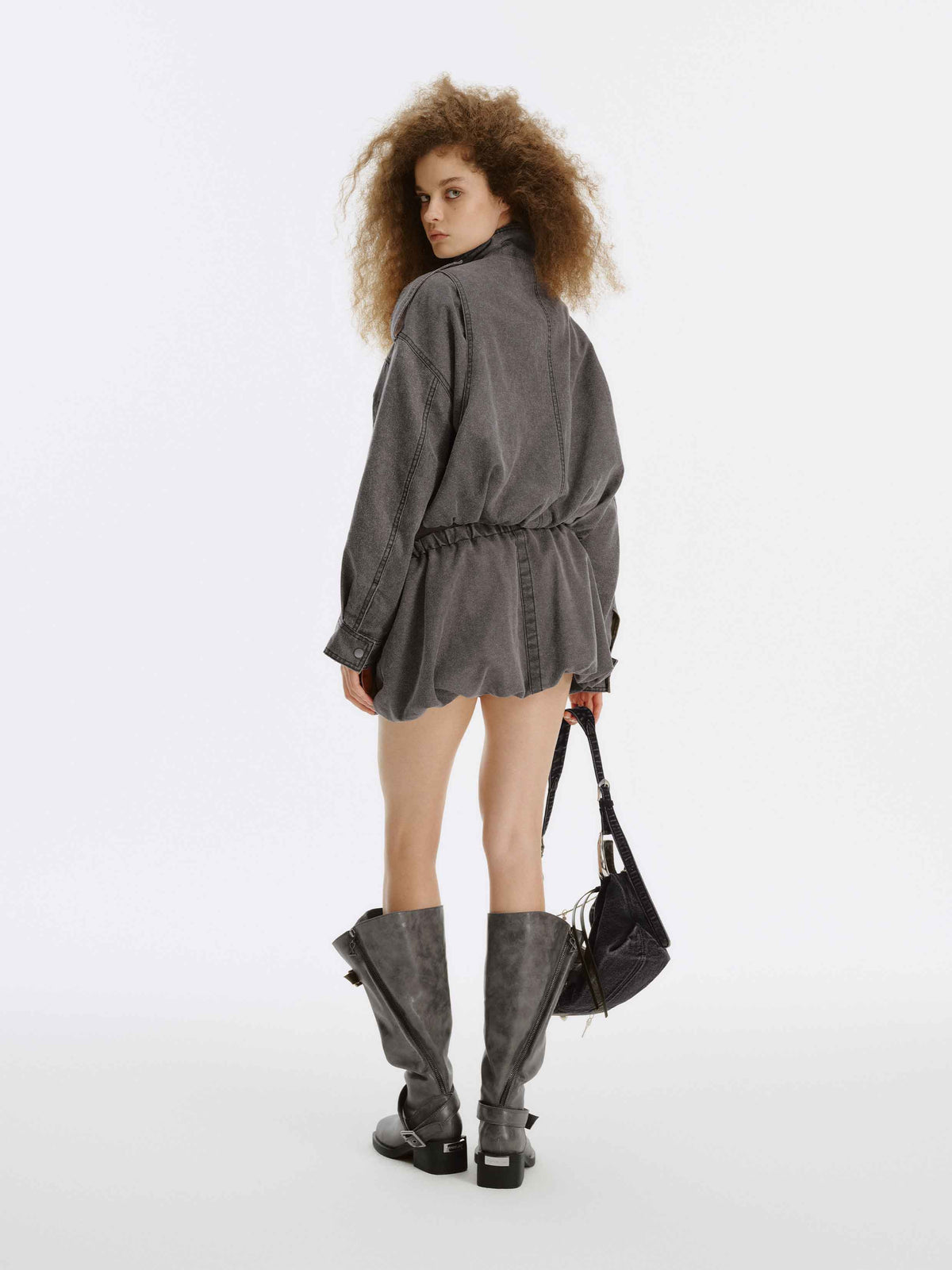 Washed Belted Cropped Moto Jacket Gray