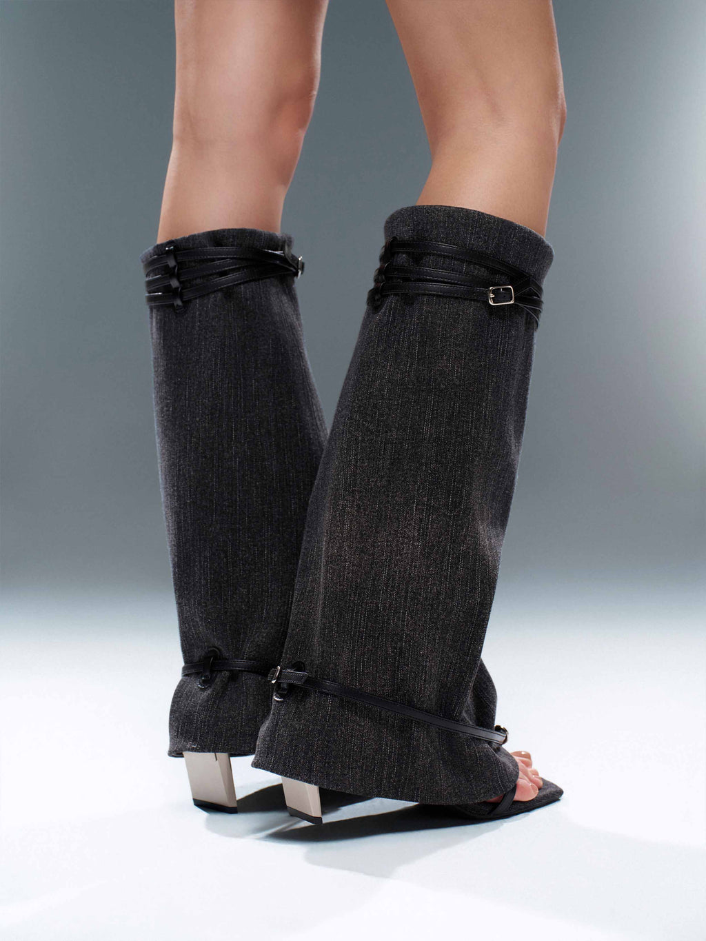 IDA Denim Toe-Ring Knee-High Boots Black