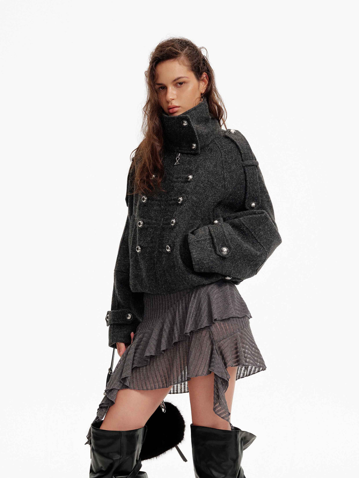 High-Neck Military Cropped Jacket Charcoal Gray