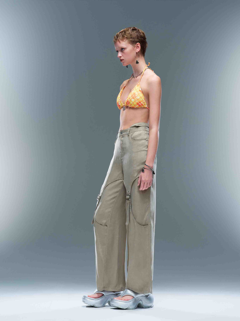 Cutout Buckle Straight-Leg Pants Sage Beige
