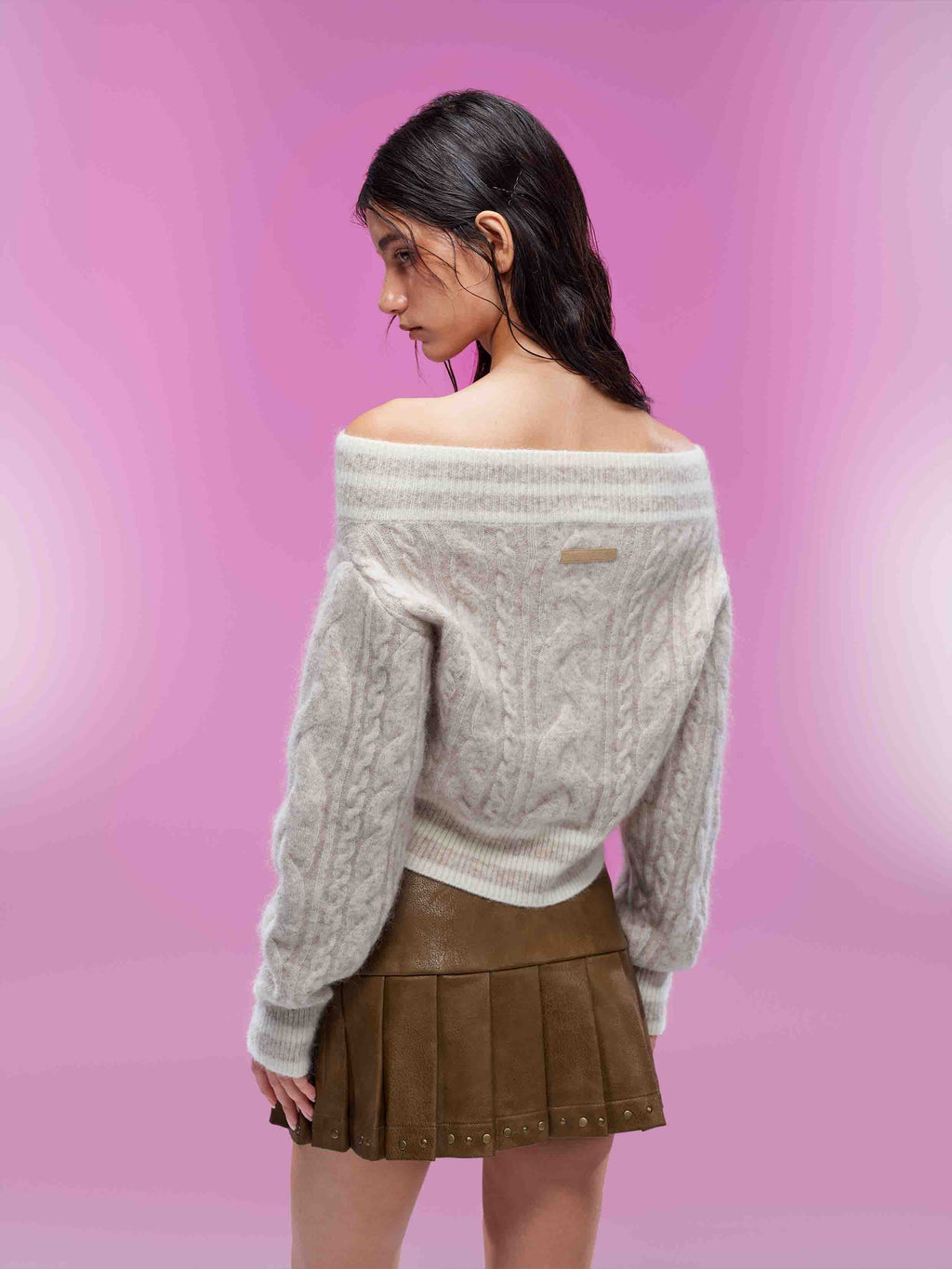 Convertible Off-Shoulder Cable Knit Sweater Oatmeal Cream