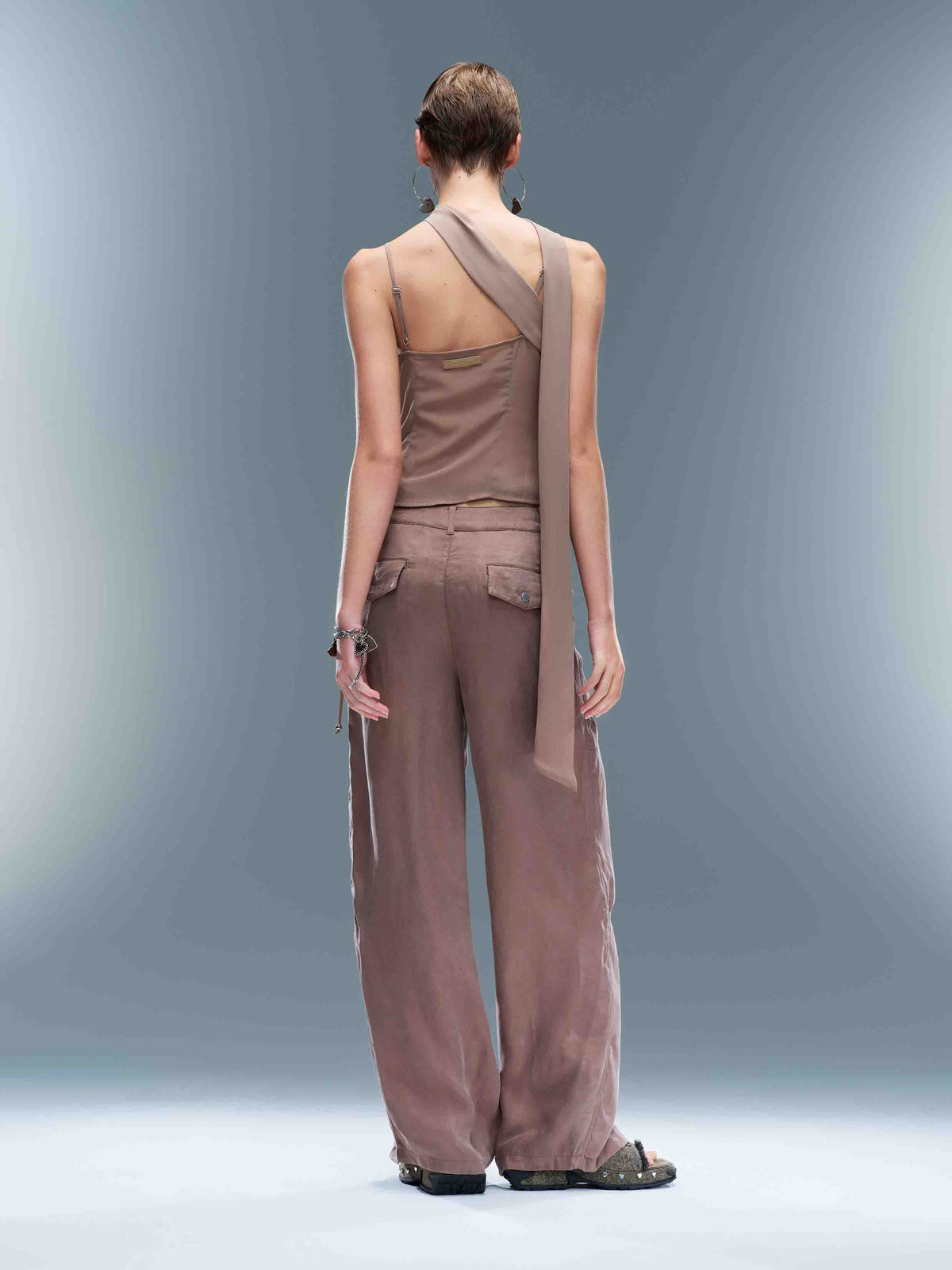 Cutout Buckle Straight-Leg Pants Taupe Brown