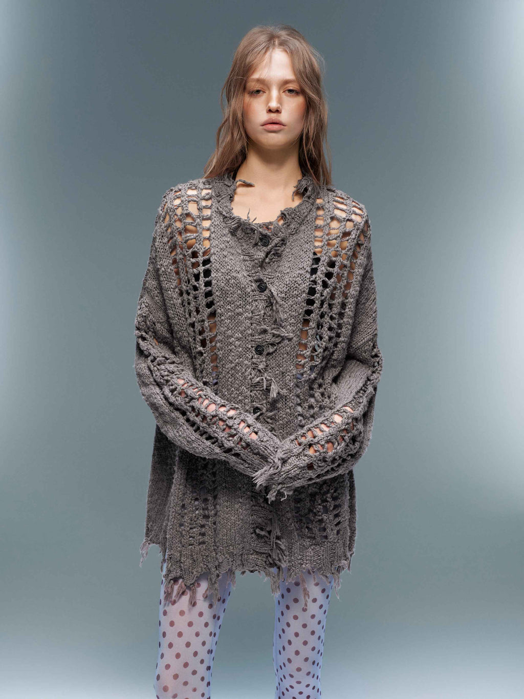 Distressed Open-Knit Oversized Cardigan Charcoal Gray