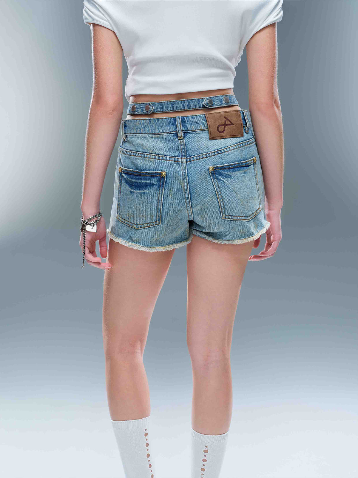 Double-Waist Distressed Denim Shorts