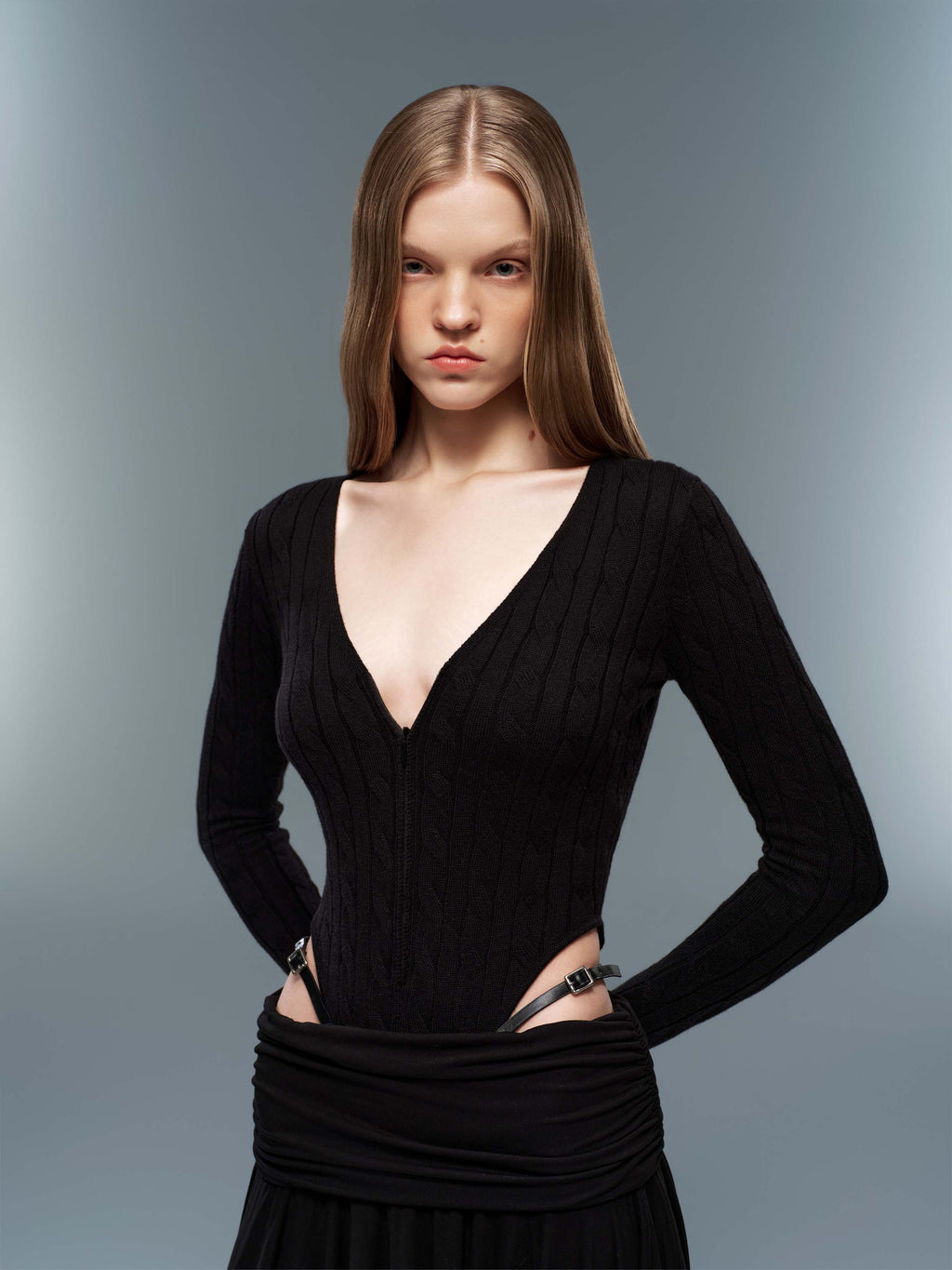 Cable Knit Zip-Up Bodysuit Black